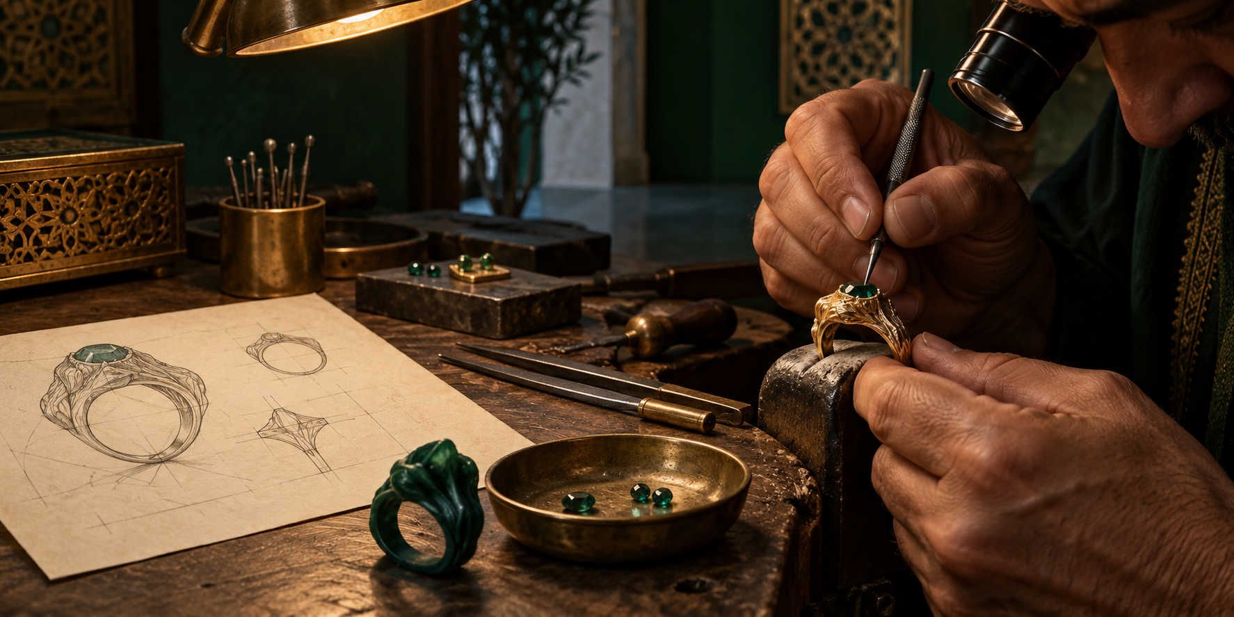 Master jeweller setting an emerald ring beside hand-drawn studies