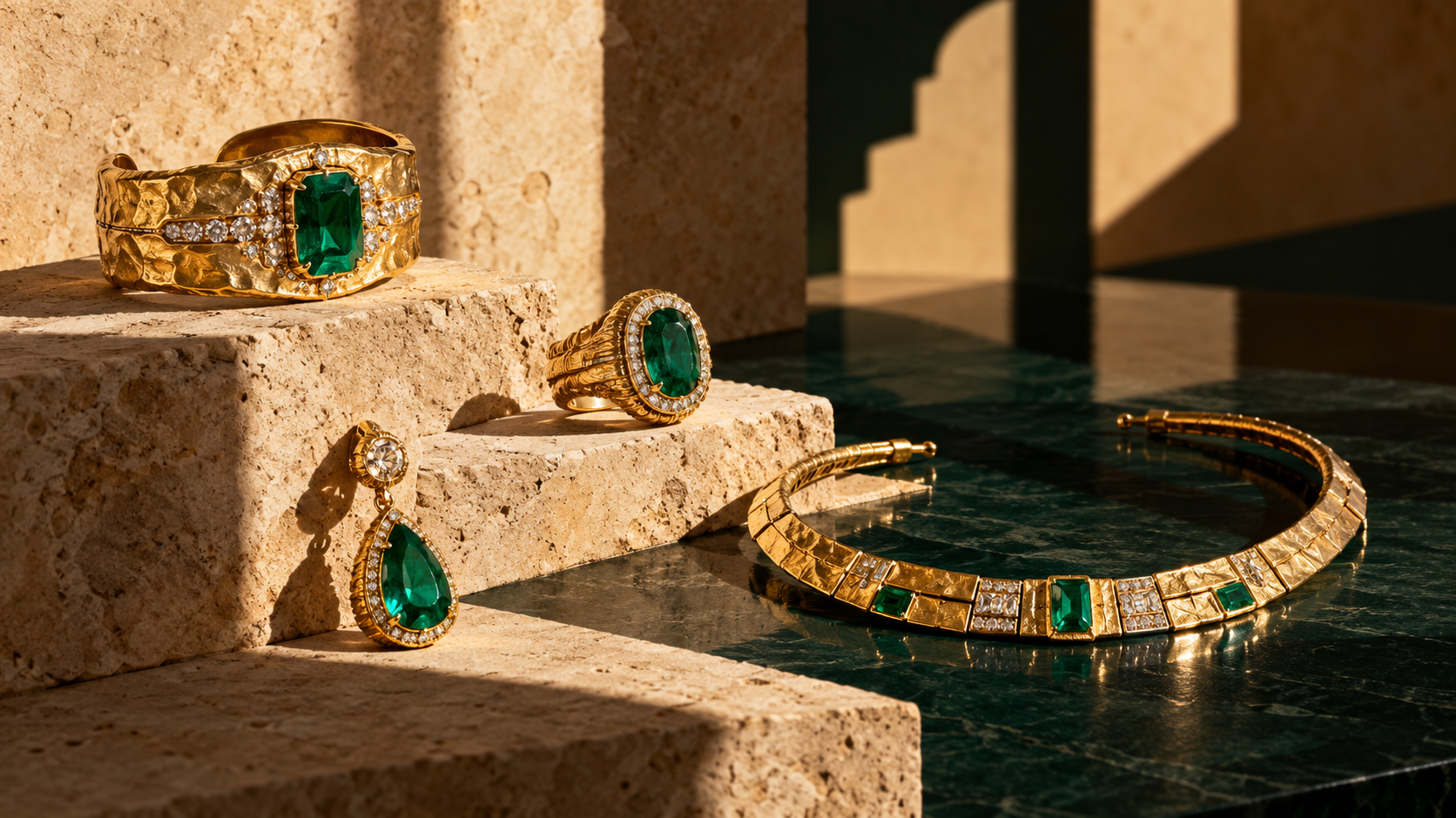 Sculptural gold and emerald jewellery arranged on limestone and green stone