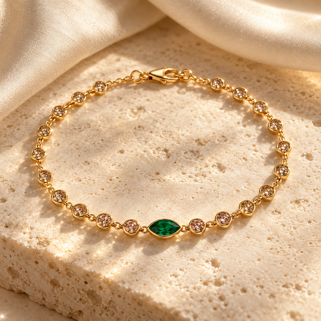 Gold line bracelet with champagne diamonds and a marquise emerald