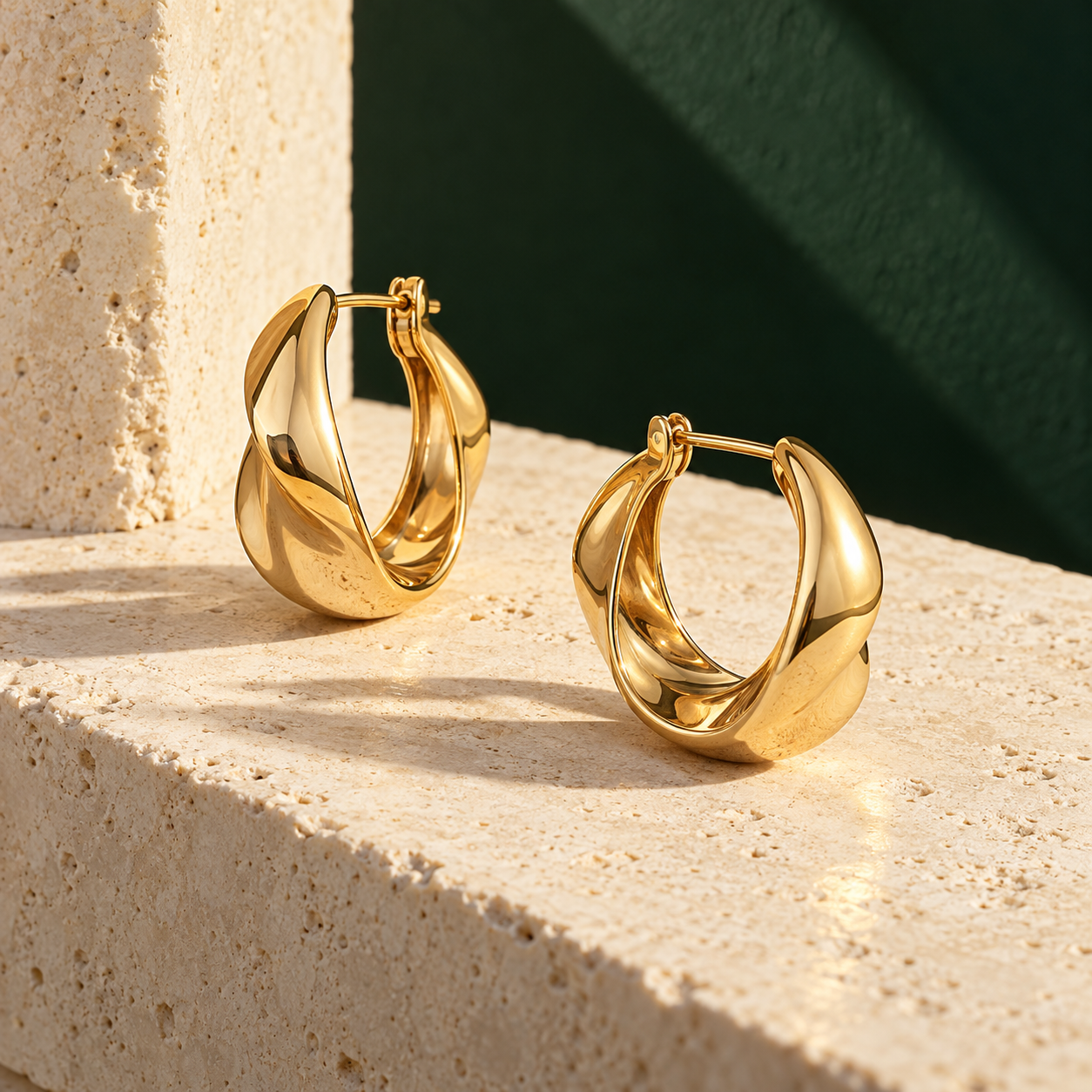 Polished gold sculptural earrings on limestone and emerald silk